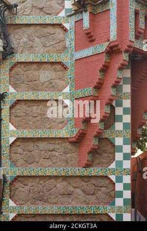 Glazed tile decor on the main facade of the Casa Vicens designed by Catalan modernist architect Antoni Gaudí in Barcelona, Catalonia, Spain. The mansion commissioned by Catalan industrial tycoon Manuel Vicens as his family summer residence was built between 1883 and 1885. Stock Photo