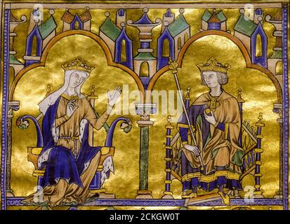 Blanche of Castile (1188-1252), Queen Consort of France and her son King Louis IX of France (1214-1270), from the moralized Bible of Toledo,  13th Century illuminated manuscript, 1200-1299 Stock Photo