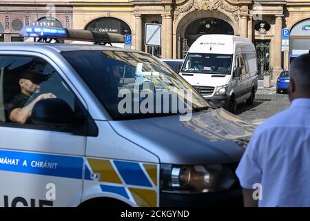 Prague, Czech Republic. 16th Sep, 2020. Foreign exhibits for the 'Rembrandt: Portrait of a Man' exhibition were brought to the Kinsky Palace in Prague, Czech Republic, on September 16, 2020, under supervision of the police. Credit: Michal Kamaryt/CTK Photo/Alamy Live News Stock Photo