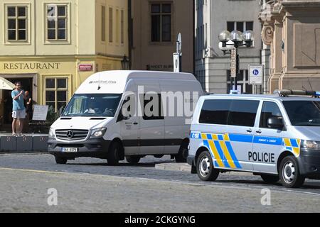 Prague, Czech Republic. 16th Sep, 2020. Foreign exhibits for the 'Rembrandt: Portrait of a Man' exhibition were brought to the Kinsky Palace in Prague, Czech Republic, on September 16, 2020, under supervision of the police. Credit: Michal Kamaryt/CTK Photo/Alamy Live News