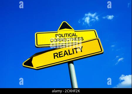 Political Correctness vs Reality - Traffic sign with two options – restriction vs freedom and free information in news, academy, media. Censorship and Stock Photo
