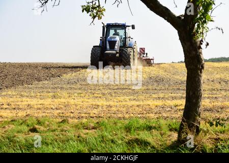 Vilemov, Czech Republic. 16th Sep, 2020. A tractor ploughing a field of Collective farm Senice, on September 16, 2020, near Vilemov, Olomouc Region, Czech Republic. Credit: Ludek Perina/CTK Photo/Alamy Live News Stock Photo