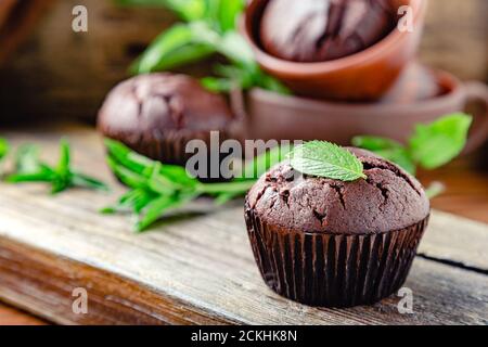 Cupcakes with mint leaf on top. Chocolate cupcake muffin with mint leaves in rustic style. Fresh baked chocolate muffins with no top on dark wooden Stock Photo