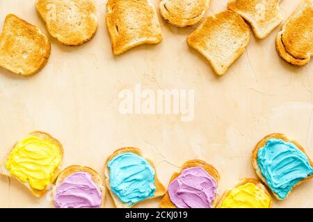 Variety spreads on bread slices. Layout top view Stock Photo