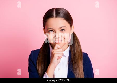 Close-up portrait of her she nice attractive lovely confident intellectual cheery cunning foxy brainy brown-haired girl overthinking touching chin Stock Photo