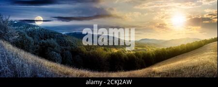 day and night time change concept above mountainous countryside. beautiful panorama of carpathians with sun and moon. valley of borzhava ridge in the Stock Photo