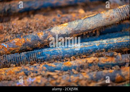 Old metal studs covered in rust, close-up, selective focus Stock Photo