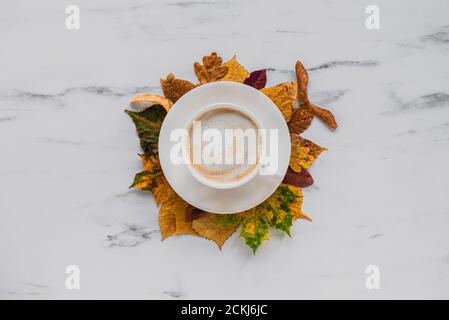 Cup of latte or cappuccino coffee with autumn leaves on marble background Stock Photo
