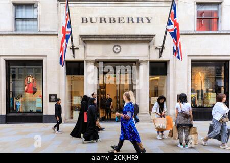 Burberry British luxury brand fashion and retail store, shop exterior in New Bond Street, Mayfair, London, UK Stock Photo