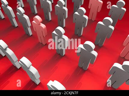 3d illustration of a group of people lined up and some of which have different characteristics from others. Gender, positivity, negativity, ethnicity,