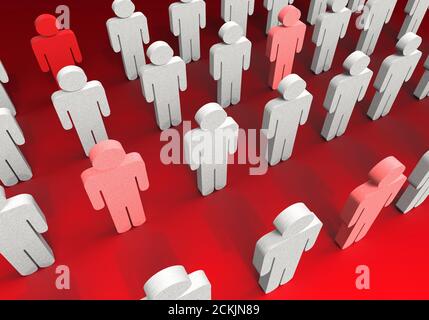 3d illustration of a group of people lined up and some of which have different characteristics from others. Gender, positivity, negativity, ethnicity,