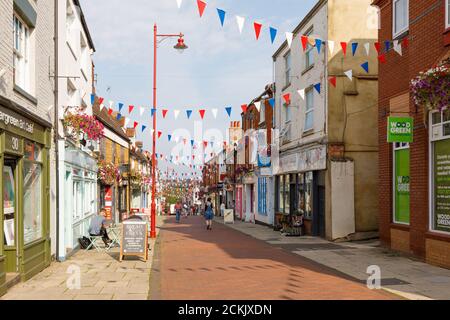 Daventry, Northamptonshire - 16/09/20: Sheaf Street, a pedestrianised area in Daventry lined on both sides by independent shops and businesses. Stock Photo