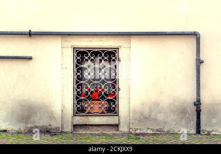 External wall of building with window protected by wrought iron bars and decorated with a vase of red flowers. All around run metal pipes Stock Photo