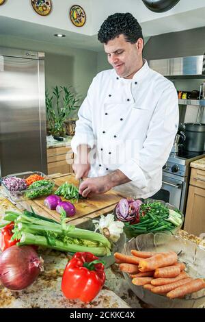 Florida Kendall,Hispanic Latin Latino ethnic immigrant immigrants minority,adult man male,chef makes how to cook video,kitchen cutting vegetables Stock Photo