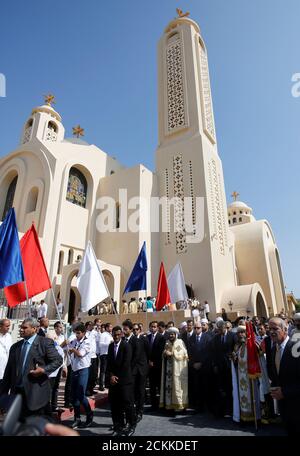 A march for peace that was attended by Russian Ambassador to Egypt Sergei Kerbachenko, Coptic Christian priests, and members of Egypt's government before a mass for victims on the first anniversary of the Russian MetroJet plane crash, is pictured at the Cathedral of the Heavenly 'Al Samaaeen' in the Red Sea resort of Sharm el-Sheikh, Egypt October 31, 2016. REUTERS/Amr Abdallah Dalsh