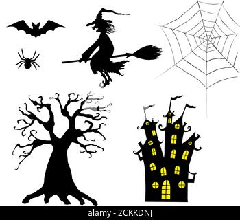 Halloween silhouettes. Set of smiling wicked witch flying on broomstick with hat with a wart on the nose, spider, bat, tree, castle and web isolated o Stock Photo