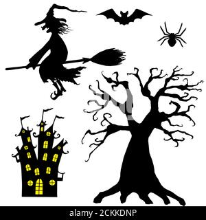 Halloween silhouettes. Set of smiling wicked witch flying on broomstick with hat with a wart on the nose, spider, bat, terrible dead tree, castle isol Stock Photo