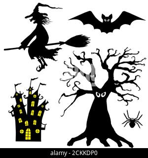 Halloween silhouettes. Set of smiling wicked witch flying on broomstick with hat with a wart on the nose, spider, bat, terrible tree with eyes, castle Stock Photo