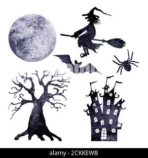 Halloween watercolor silhouettes. Set of hand drawn watercolour smiling wicked witch flying on broom, spider, bat, terrible tree, castle isolated on w Stock Photo