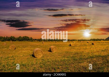 Landscape of field with bales of hay under dramatic cloudy sky at sunset with sun flare Stock Photo