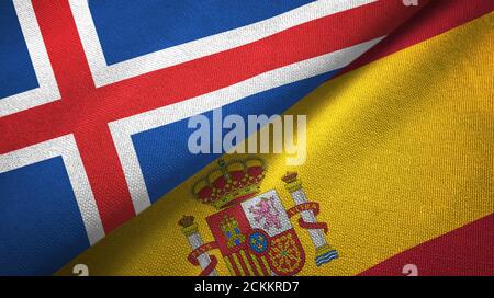 Iceland and Spain two flags textile cloth, fabric texture Stock Photo