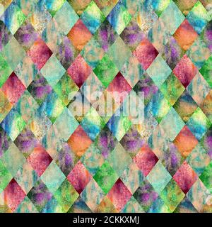 Watercolor argyle abstract geometric plaid seamless pattern. Watercolour hand drawn bright green colorful texture background. Textured print for texti Stock Photo