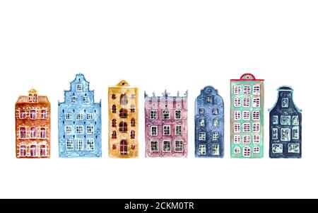 Old europe houses. Set of watercolor colorful european amsterdam style houses isolated on white background. Watercolour hand drawn Netherlands stylize Stock Photo