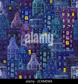 Night city. Seamless pattern of watercolor colorful european amsterdam style houses. Watercolour hand drawn Netherlands stylized facades of old buildi Stock Photo