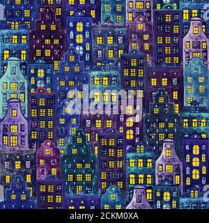 Old europe houses. Seamless pattern of watercolor color european amsterdam style houses with light in the windows. Watercolour hand drawn night city b Stock Photo