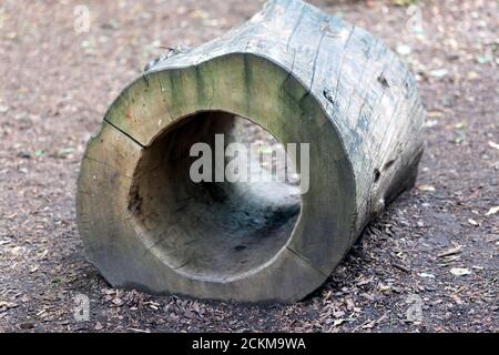 Close-up of a hollowed-out tree section, in the new children's playing area in the grounds of  Walmer Castle, Kent