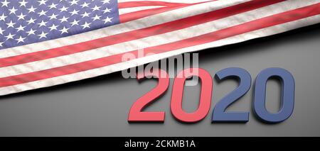 2020 USA, Presidential Election. United States of America flag and number 2020 red and blue color on black background, banner. 3d illustration Stock Photo
