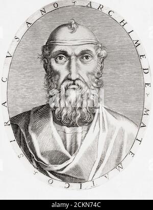 Archimedes of Syracuse, c. 287 – c. 212 BC.  Greek mathematician, physicist, engineer, inventor, and astronomer.  After an 18th century engraving by an unidentified artist. Stock Photo