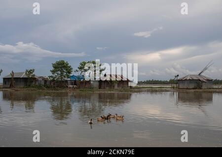 Sirajganj, Bangladesh. 13th Sep, 2020. Houses are seen surrounded by water in the aftermath of the monsoon floods.More than four million people are being affected by the monsoon floods in Bangladesh, with a third of the country already underwater after some of the heaviest rains in a decade, officials reported. Credit: SOPA Images Limited/Alamy Live News Stock Photo