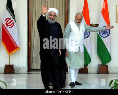 Prime Minister Narendra Modi with Iranian President Hassan Rouhani before a meeting at Hyderabad House in New Delhi, India. Photograph: Sondeep Shanka Stock Photo