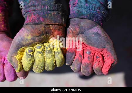 Hands covered with Holi pink colors during Holi festival in Vrindavan ...