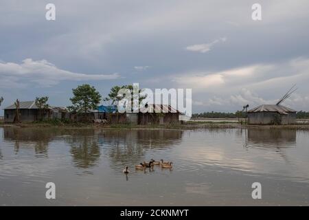 Sirajganj, Bangladesh. 13th Sep, 2020. Houses are seen surrounded by water in the aftermath of the monsoon floods.More than four million people are being affected by the monsoon floods in Bangladesh, with a third of the country already underwater after some of the heaviest rains in a decade, officials reported. Credit: Sazzad Hossain/SOPA Images/ZUMA Wire/Alamy Live News Stock Photo