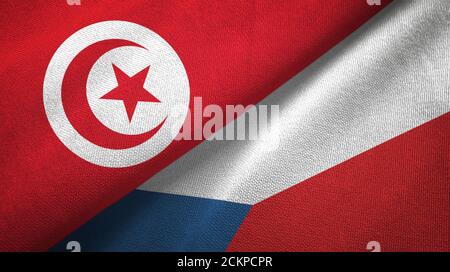 Tunisia and Czech Republic two flags textile cloth, fabric texture Stock Photo