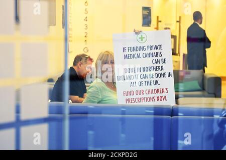 Elaine Levy inside the offices of the Department of Health & Social Care in London. Ms Levy is one of five parents who held a vigil at health authority buildings in England, Scotland and Wales on Wednesday, in protest against being denied NHS prescriptions despite medical cannabis being legalised in 2018. Stock Photo