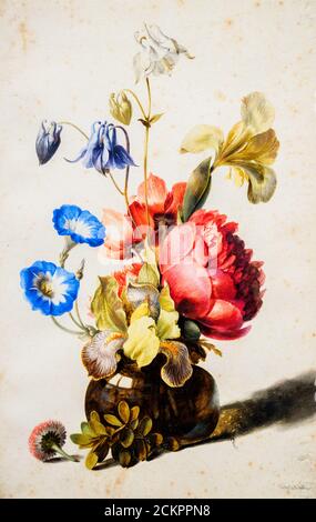 Flower in a Bottle by Dirck de Bray (c. 1635-1694) oil and watercolour on paper (1674) Stock Photo