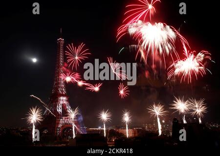Fireworks explode in the sky above the Eiffel Tower, in a picture taken from the Shangri-La Hotel, Paris, at the end of Bastille Day events in Paris, France, July 14, 2019. REUTERS/Benoit Tessier