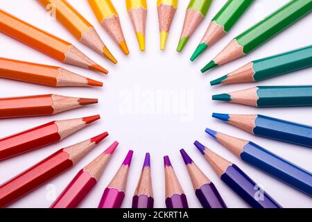 Circular arranged colour pencils constituting the colour wheel Stock Photo