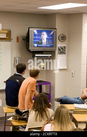 Midland, TX January 20, 2009: Government and history students at Midland High School watch the inauguration of President Barack Obama on television during classtime Tuesday. For editorial use only.  ©Bob Daemmrich Stock Photo
