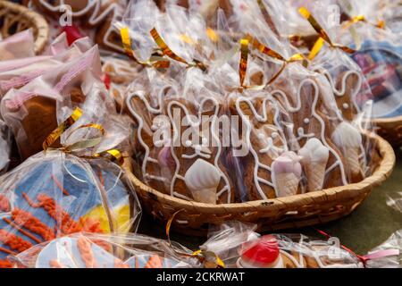 Gingerbread cookies in the shape of a funny rabbit with ice cream Stock Photo