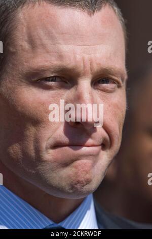 Austin, Texas USA, January 29, 2009: Professional cyclist Lance Armstrong appears at the Texas Capitol with a coalition of anti-smoking groups that are supporting bills to prohibit smoking in all Texas public buildings, restaurants and clubs. Armstrong is training for this summer's Tour de France after taking three years off from competitive cycling.  ©Bob Daemmrich Stock Photo