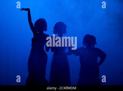 Austin, TX February 5, 2009: Reagan High School Blue Jesters production of 'Dreamgirls' showing high school actresses in silhouette during the show.   ©Chris Daemmrich / Daemmrich Photos Stock Photo