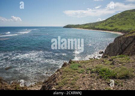 Elevated view over the stunning Caribbean Sea at Isaac and Jack Bay on the remote east end of St. Croix in the US Virgin Islands Stock Photo