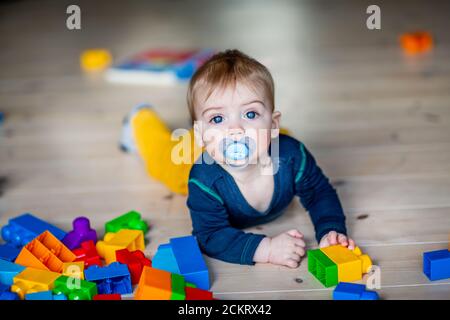 6-9 month old baby boy with a pacifier playing on the floor Stock Photo