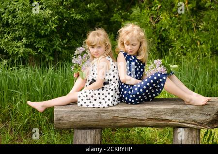 two beautiful blond girls sitting on bench in meadow Stock Photo