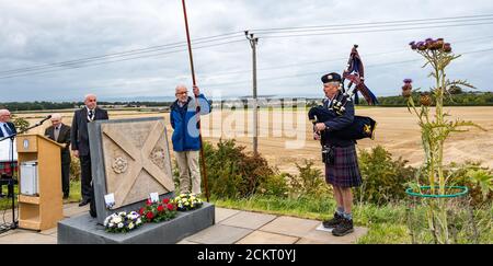Piper playing bagpipes at Battle of Pinkie Cleugh commemoration ceremony, East Lothian, Scotland, UK Stock Photo