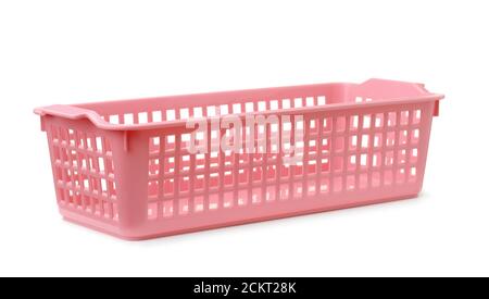 Pink rectangular plastic storage basket isolated on white Stock Photo